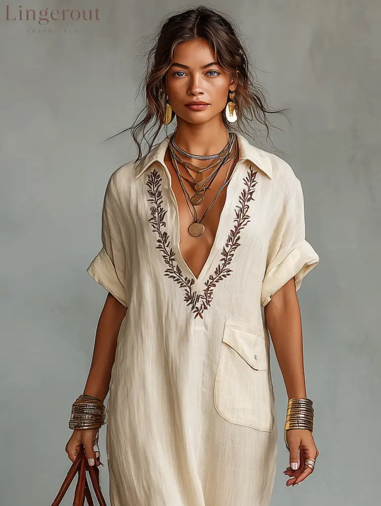 Women’s Minimalist Linen Blend Embroidered Short-sleeved Shirt Maxi Dress
