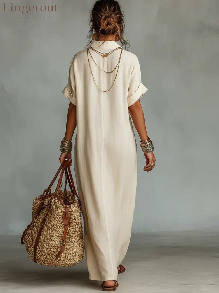 Women’s Minimalist Linen Blend Embroidered Short-sleeved Shirt Maxi Dress