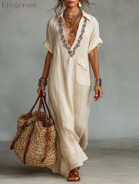 Women’s Minimalist Linen Blend Embroidered Short-sleeved Shirt Maxi Dress - Beige / S