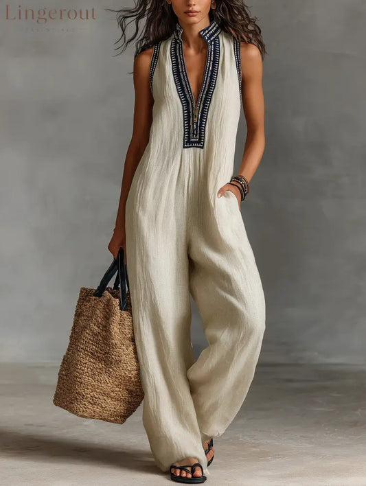 Women’s Minimalist Linen Blend Sleeveless Jumpsuit - Apricot / S
