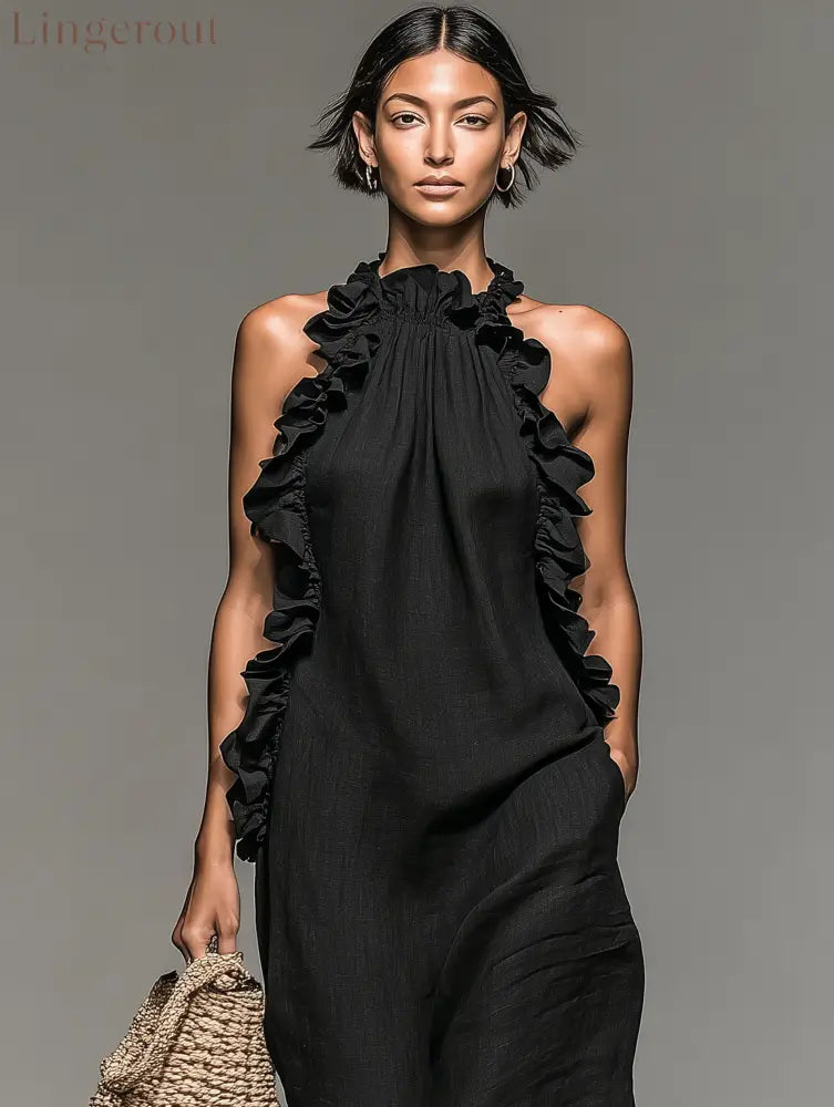 Women’s Minimalist Linen-blend Sleeveless Maxi Dress With Ruffle Details