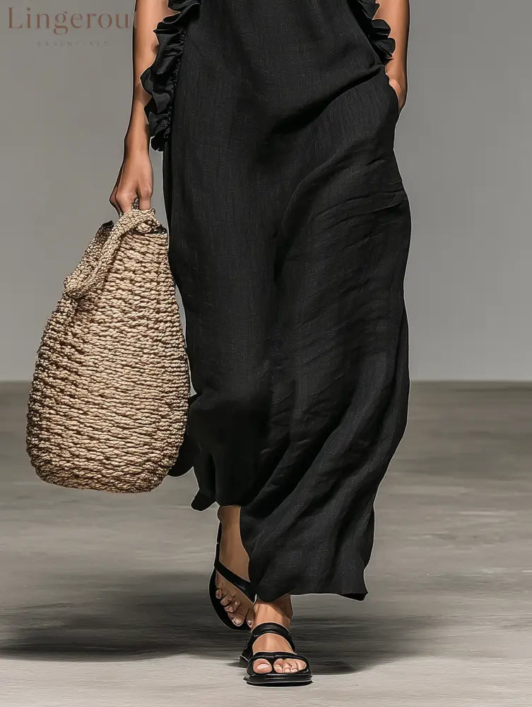 Women’s Minimalist Linen-blend Sleeveless Maxi Dress With Ruffle Details