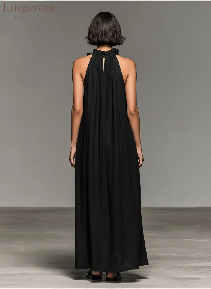 Women’s Minimalist Linen-blend Sleeveless Maxi Dress With Ruffle Details