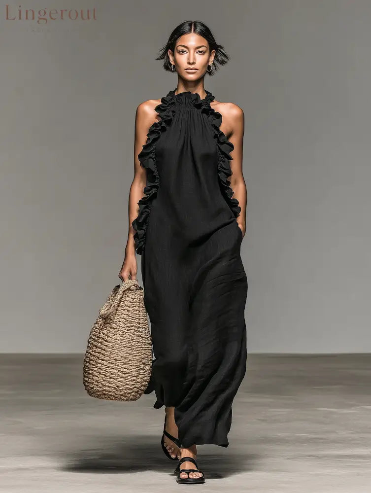 Women’s Minimalist Linen-blend Sleeveless Maxi Dress With Ruffle Details