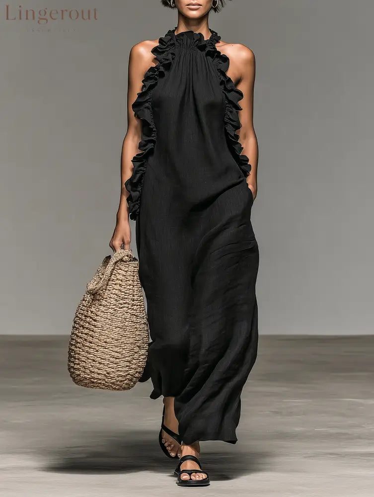 Women’s Minimalist Linen-blend Sleeveless Maxi Dress With Ruffle Details - Black / S