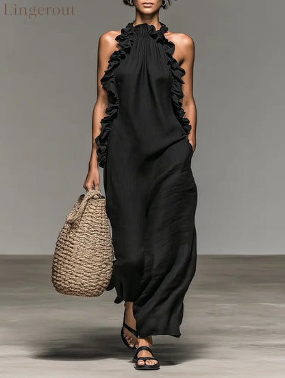 Women’s Minimalist Linen-blend Sleeveless Maxi Dress With Ruffle Details - Black / S
