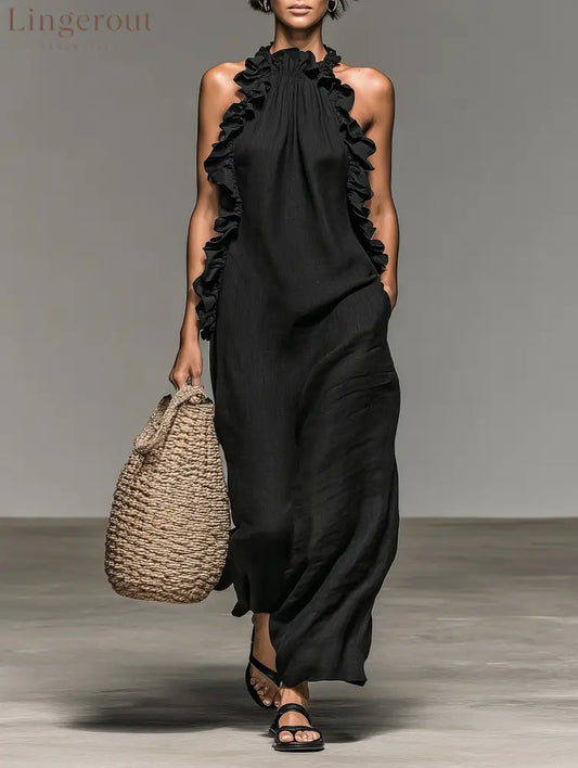 Women’s Minimalist Linen-blend Sleeveless Maxi Dress With Ruffle Details - Black / S