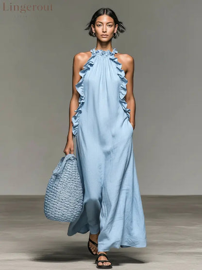 Women’s Minimalist Linen-blend Sleeveless Maxi Dress With Ruffle Details - Light Blue / S