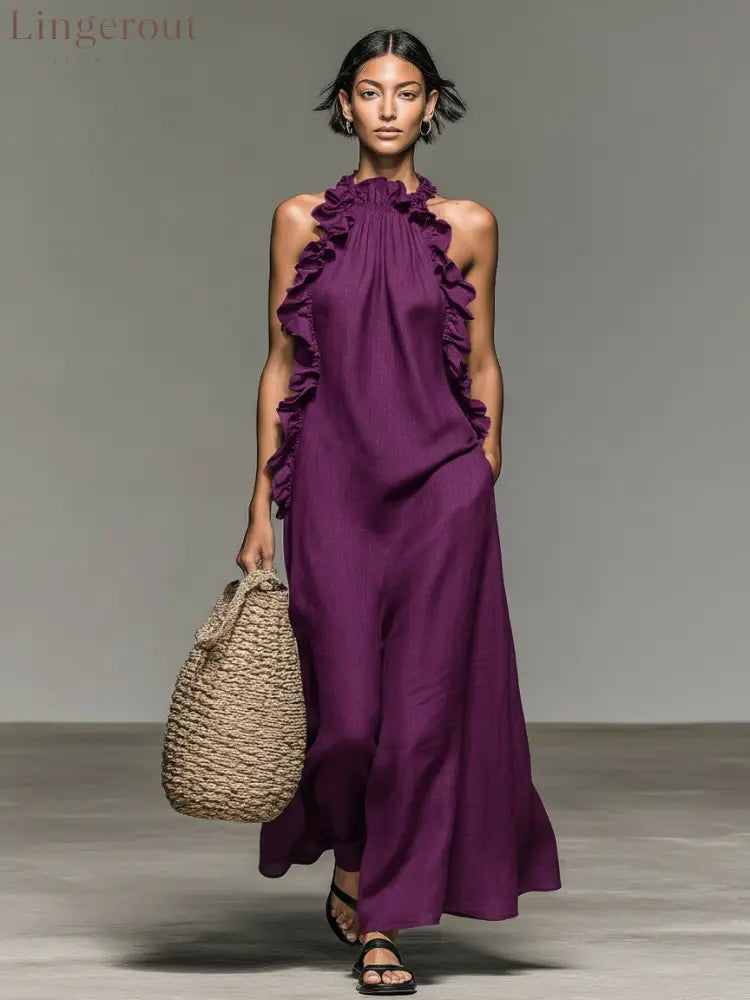 Women’s Minimalist Linen-blend Sleeveless Maxi Dress With Ruffle Details - Purple / S
