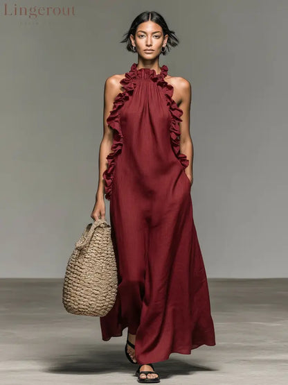 Women’s Minimalist Linen-blend Sleeveless Maxi Dress With Ruffle Details - Red / S