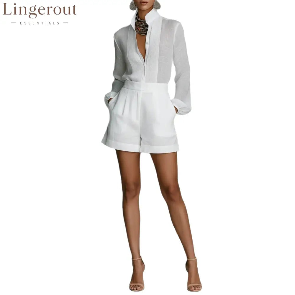 Women’s Minimalist Linen-Blend Stand-Collar Single-Breasted Long-Sleeve Shirt And Shorts Set