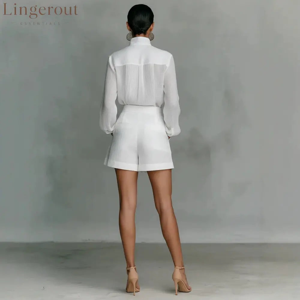 Women’s Minimalist Linen-Blend Stand-Collar Single-Breasted Long-Sleeve Shirt And Shorts Set