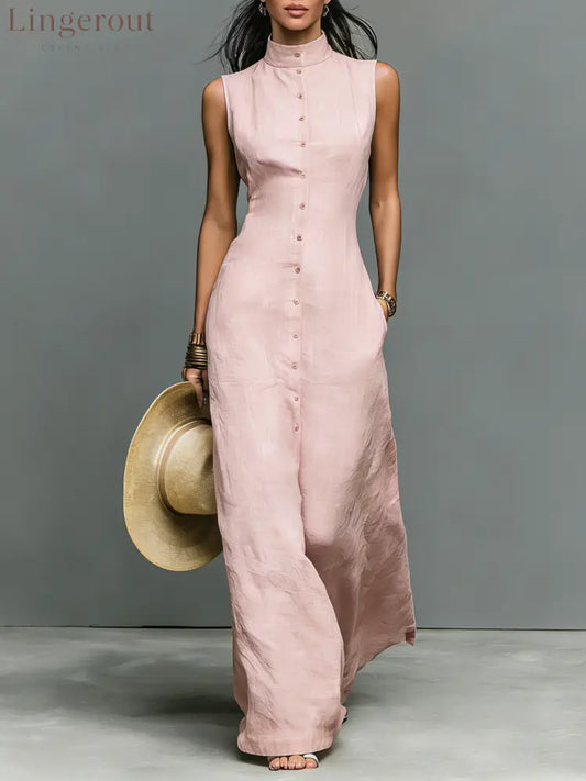 Women’s Minimalist Linen-Blend Stand-Collar Single-Breasted Sleeveless Maxi Dress - Light Pink / XS