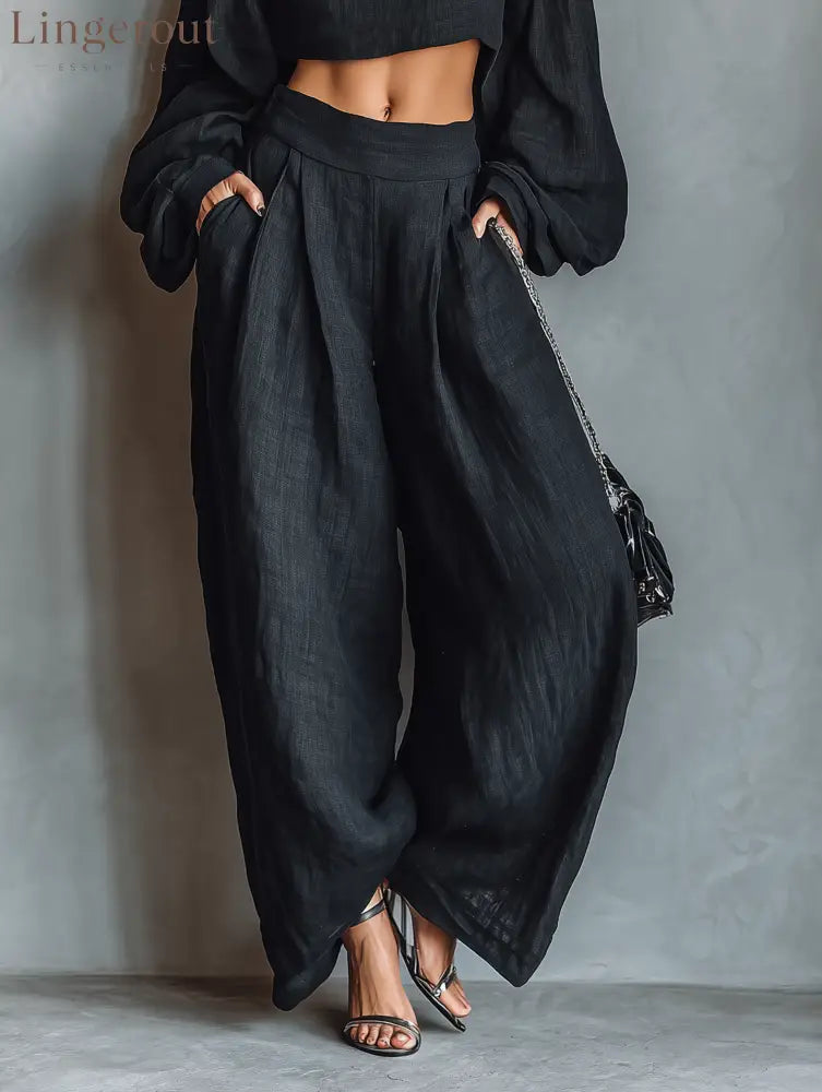 Women’s Minimalist Linen Blend Strapless Long-sleeved Blouse And Wide-leg Pants Set