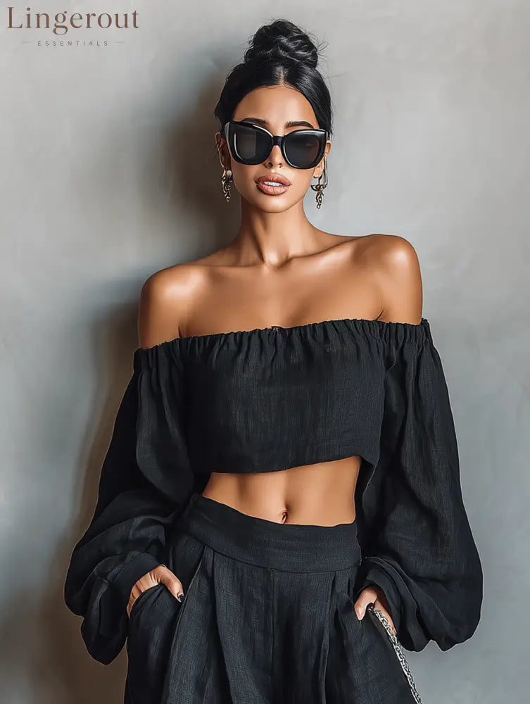 Women’s Minimalist Linen Blend Strapless Long-sleeved Blouse And Wide-leg Pants Set
