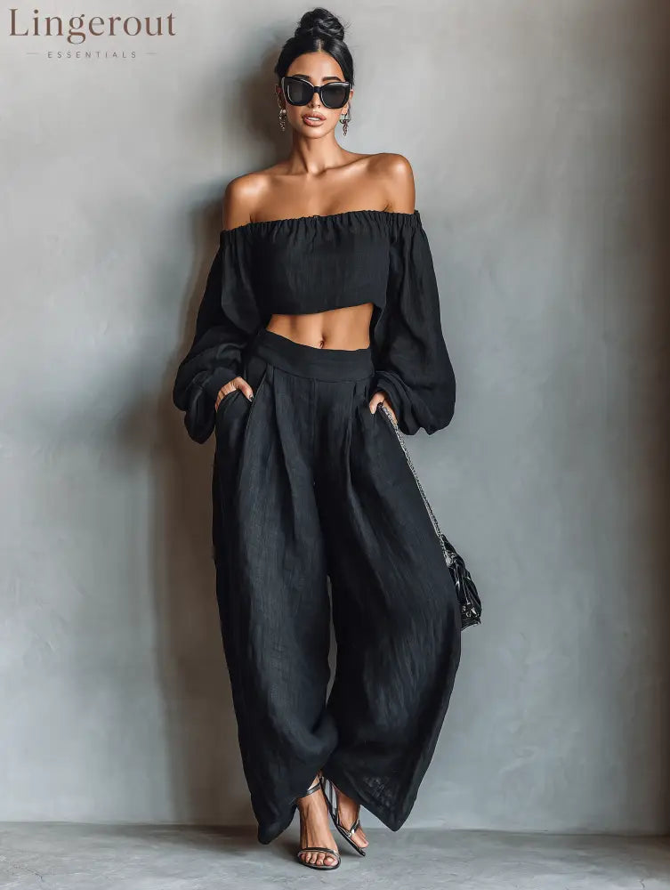 Women’s Minimalist Linen Blend Strapless Long-sleeved Blouse And Wide-leg Pants Set