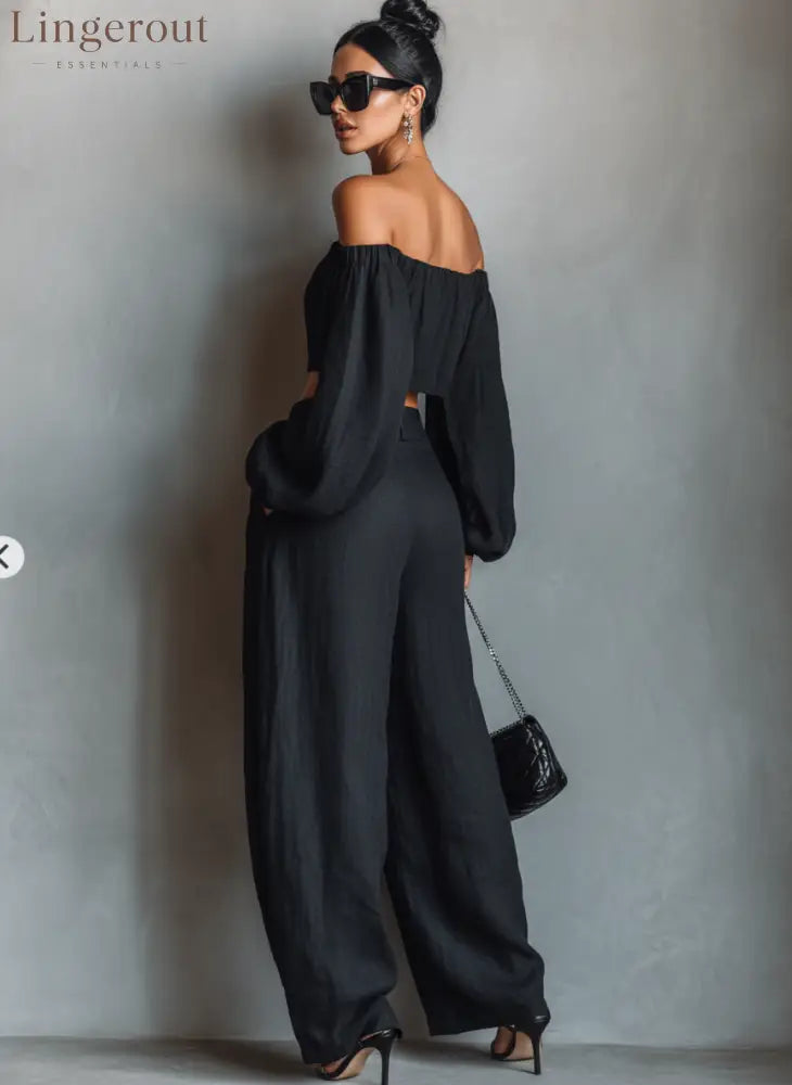 Women’s Minimalist Linen Blend Strapless Long-sleeved Blouse And Wide-leg Pants Set
