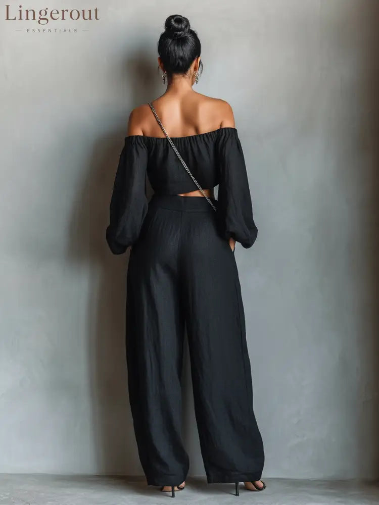 Women’s Minimalist Linen Blend Strapless Long-sleeved Blouse And Wide-leg Pants Set