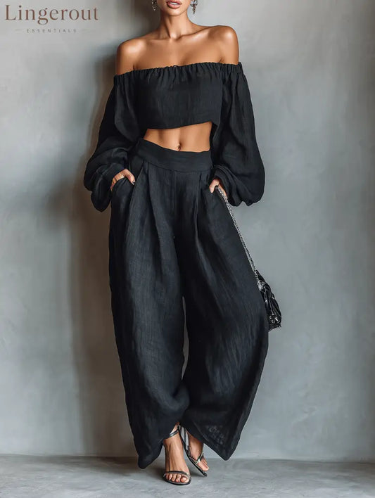 Women’s Minimalist Linen Blend Strapless Long-sleeved Blouse And Wide-leg Pants Set - Black / XS