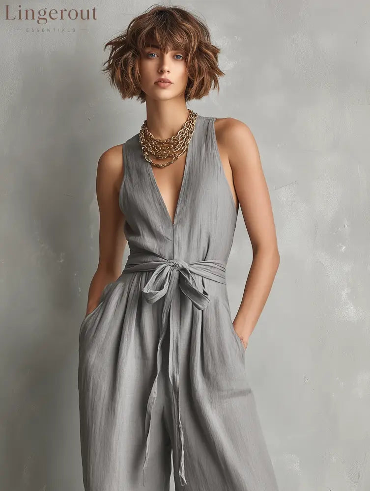 Women’s Minimalist Linen-Blend Zippered V-Neck Sleeveless Belted Jumpsuit