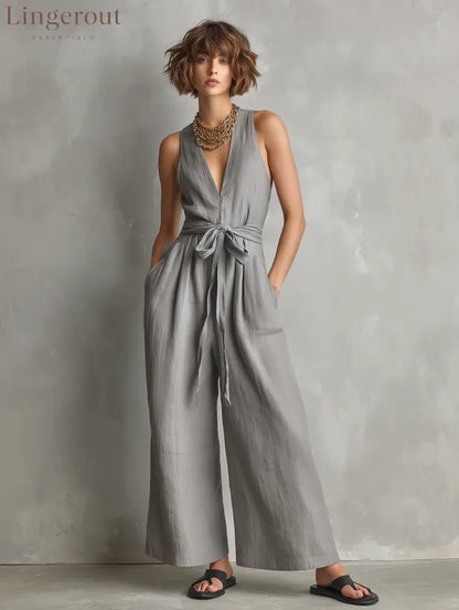 Women’s Minimalist Linen-Blend Zippered V-Neck Sleeveless Belted Jumpsuit