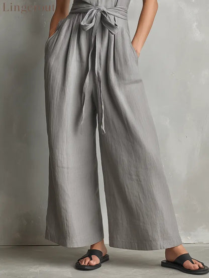 Women’s Minimalist Linen-Blend Zippered V-Neck Sleeveless Belted Jumpsuit