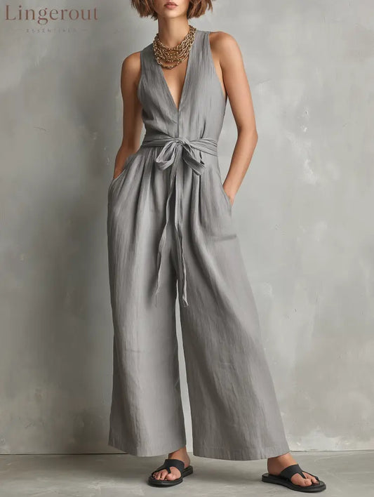 Women’s Minimalist Linen-Blend Zippered V-Neck Sleeveless Belted Jumpsuit - Gray / XS
