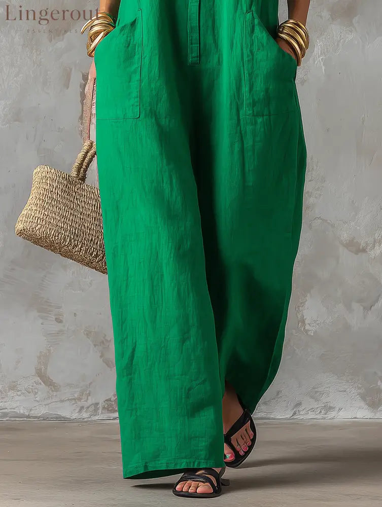 Women’s Minimalist Loose-Fit Linen-Blend Jumpsuit, Stand Collar Sleeveless Single-Breasted