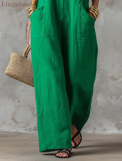 Women’s Minimalist Loose-Fit Linen-Blend Jumpsuit, Stand Collar Sleeveless Single-Breasted