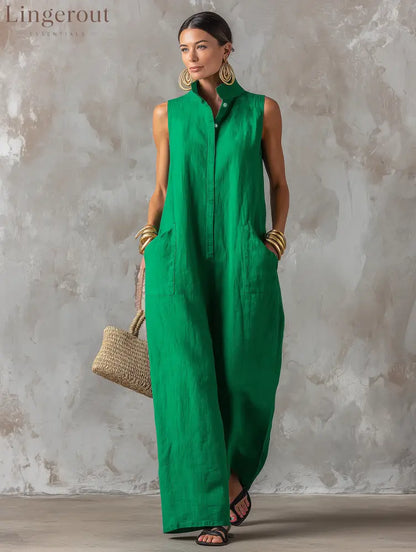 Women’s Minimalist Loose-Fit Linen-Blend Jumpsuit, Stand Collar Sleeveless Single-Breasted