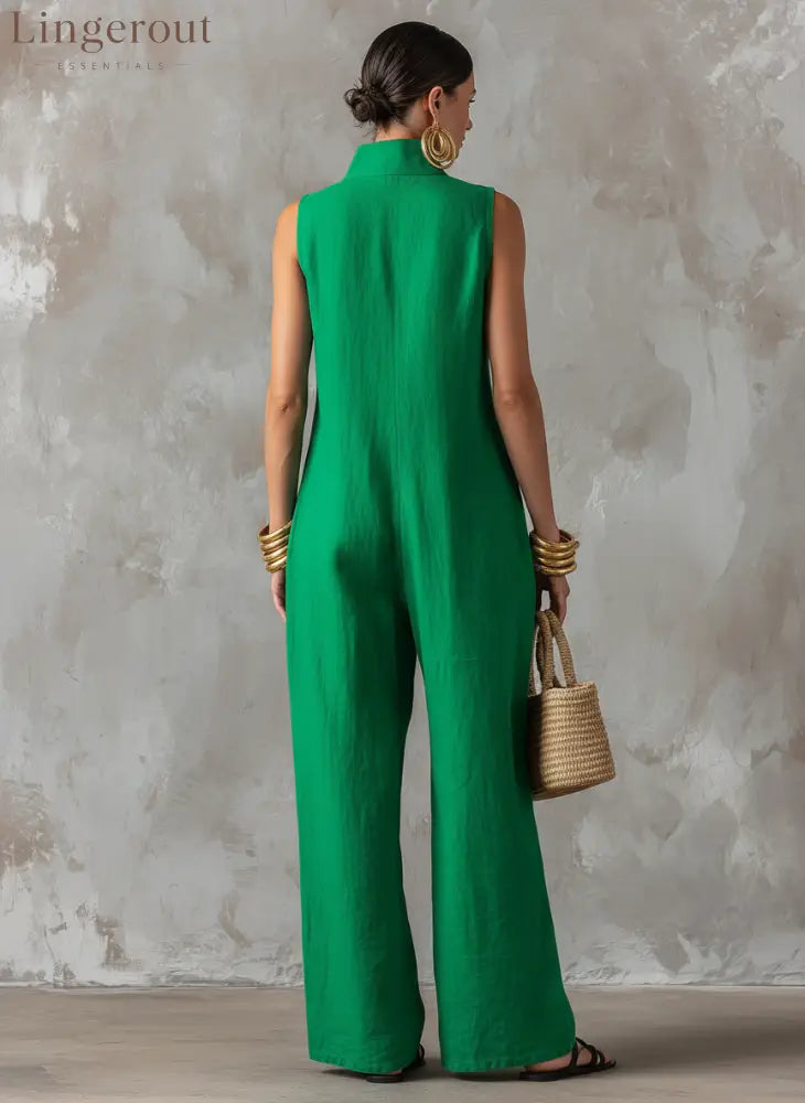 Women’s Minimalist Loose-Fit Linen-Blend Jumpsuit, Stand Collar Sleeveless Single-Breasted
