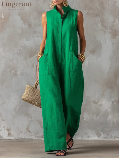 Women’s Minimalist Loose-Fit Linen-Blend Jumpsuit, Stand Collar Sleeveless Single-Breasted - Green / XS