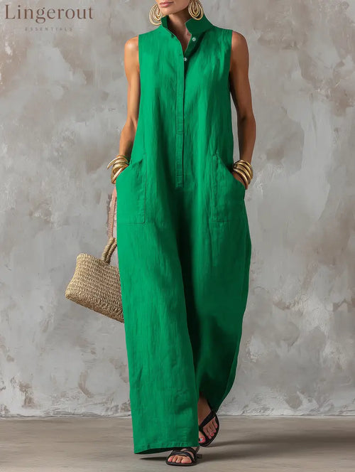 Women’s Minimalist Loose-Fit Linen-Blend Jumpsuit, Stand Collar Sleeveless Single-Breasted - Green / XS