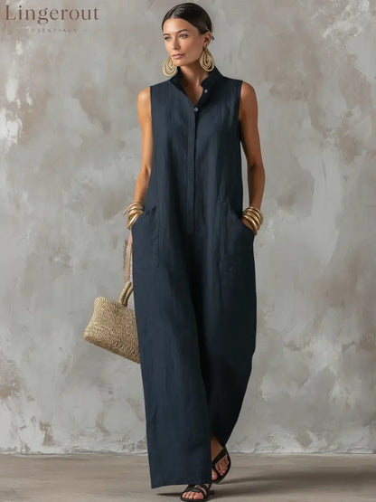 Women’s Minimalist Loose-Fit Linen-Blend Jumpsuit, Stand Collar Sleeveless Single-Breasted - Navy / XS
