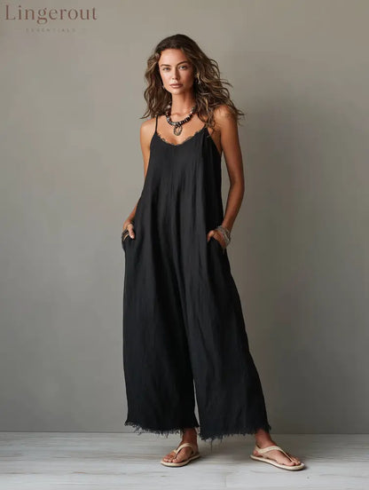 Women’s Minimalist Loose-Fit Linen-Blend Jumpsuit With Lace Neckline Spaghetti Straps And Frayed Hems