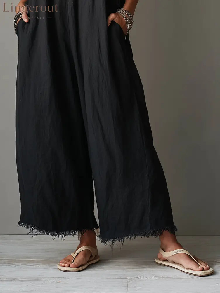 Women’s Minimalist Loose-Fit Linen-Blend Jumpsuit With Lace Neckline Spaghetti Straps And Frayed Hems