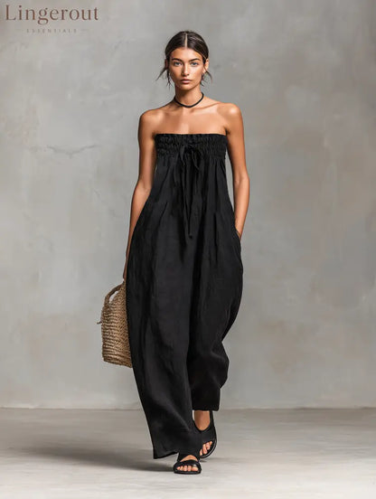 Women’s Minimalist Loose-fitting Linen Blend Strapless Jumpsuit With Tie Closure