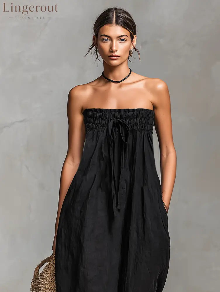 Women’s Minimalist Loose-fitting Linen Blend Strapless Jumpsuit With Tie Closure
