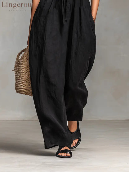 Women’s Minimalist Loose-fitting Linen Blend Strapless Jumpsuit With Tie Closure
