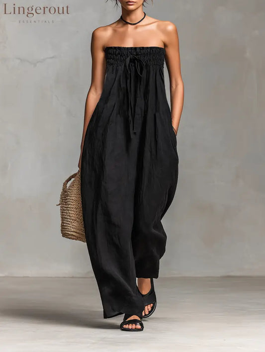 Women’s Minimalist Loose-fitting Linen Blend Strapless Jumpsuit With Tie Closure - Black / XS