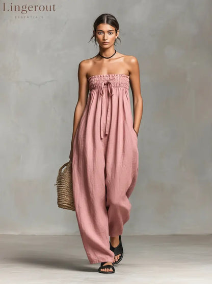 Women’s Minimalist Loose-fitting Linen Blend Strapless Jumpsuit With Tie Closure - Light Pink / XS