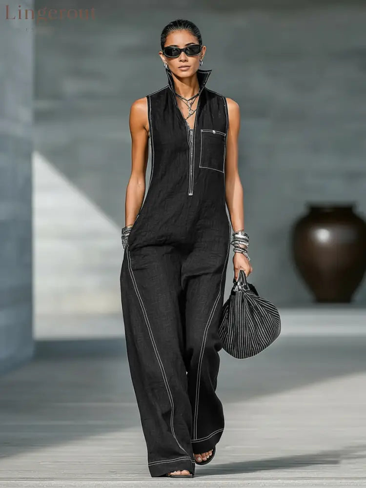 Women’s Minimalist Loose-fitting White Trim Sleeveless Jumpsuit