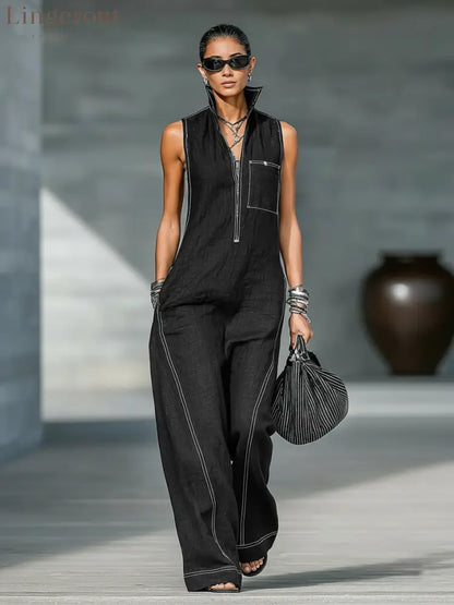Women’s Minimalist Loose-fitting White Trim Sleeveless Jumpsuit