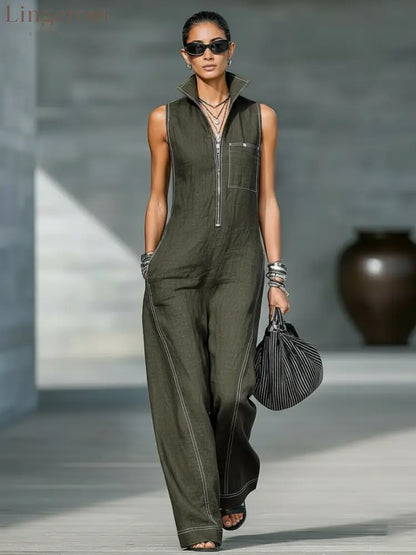 Women’s Minimalist Loose-fitting White Trim Sleeveless Jumpsuit - Army Green / XS