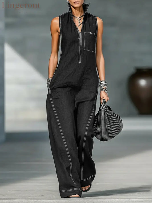 Women’s Minimalist Loose-fitting White Trim Sleeveless Jumpsuit - Black / XS