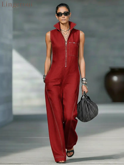 Women’s Minimalist Loose-fitting White Trim Sleeveless Jumpsuit - Red / XS