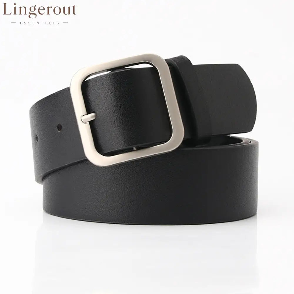 Women’s Minimalist Square Metal Buckle Leather Belt Casual Solid Waist Cinch Belt - Black