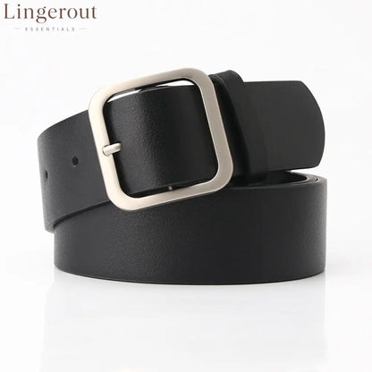 Women’s Minimalist Square Metal Buckle Leather Belt Casual Solid Waist Cinch Belt - Black
