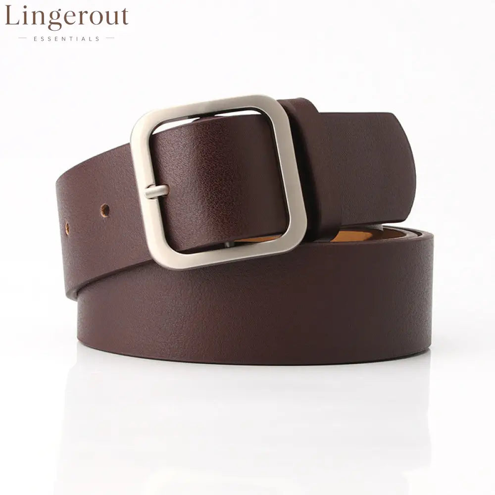 Women’s Minimalist Square Metal Buckle Leather Belt Casual Solid Waist Cinch Belt - Brown