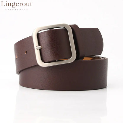 Women’s Minimalist Square Metal Buckle Leather Belt Casual Solid Waist Cinch Belt - Brown